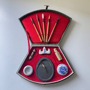 Vintage Chinese Calligraphy Scholar's Four Treasures Set in Brocade Fan Case
